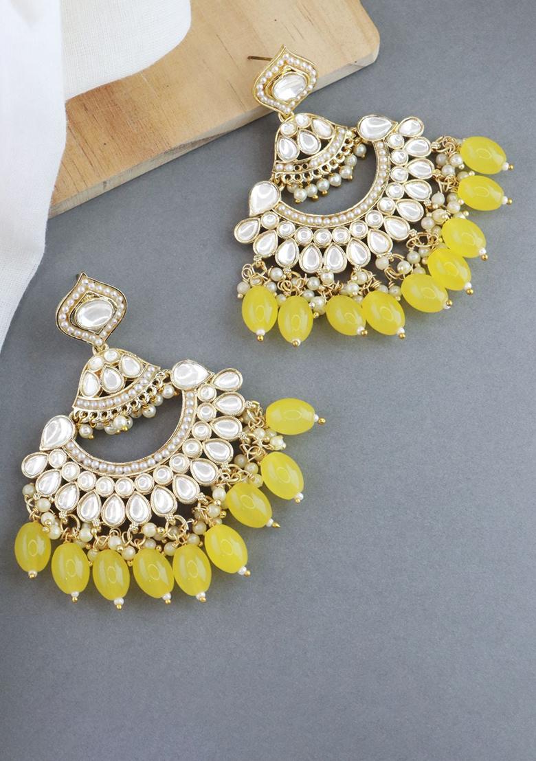 Yellow Gold Plated Traditional Handcrafted Pearl Kundan Beaded Earrings