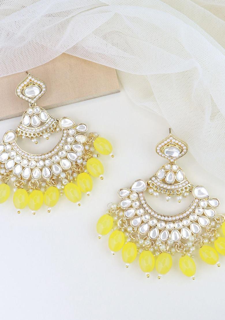 Yellow Gold Plated Traditional Handcrafted Pearl Kundan Beaded Earrings