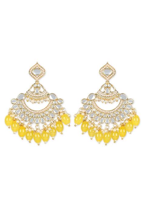 Yellow Gold Plated Traditional Handcrafted Pearl Kundan Beaded Earrings