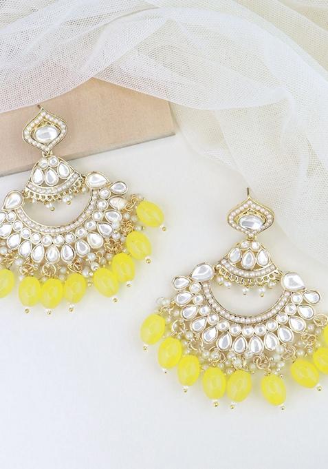 Yellow Gold Plated Traditional Handcrafted Pearl Kundan Beaded Earrings
