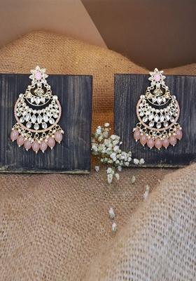 Peach Gold Plated Traditional Handcrafted Pearl Kundan Beaded Chandbali Earrings