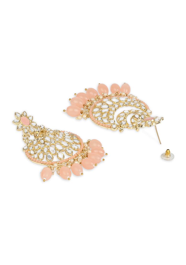 Peach Gold Plated Traditional Handcrafted Pearl Kundan Beaded Chandbali Earrings