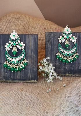 Green Gold Plated Traditional Handcrafted Pearl Kundan Beaded Earrings