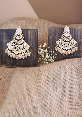 Peach Gold Plated Traditional Handcrafted Pearl Kundan Beaded Chandbali Earrings