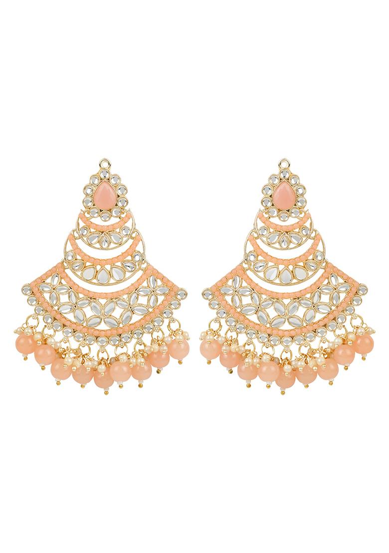 Peach Gold Plated Traditional Handcrafted Pearl Kundan Beaded Chandbali Earrings