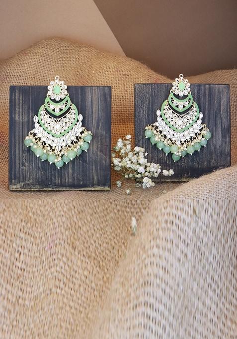 Mint Green Gold Plated Traditional Handcrafted Pearl Kundan Beaded Chandbali Earrings