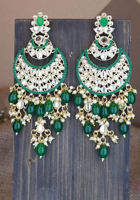 Green Gold Plated Traditional Handcrafted Pearl Kundan Beaded Earrings