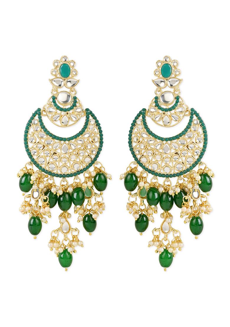 Green Gold Plated Traditional Handcrafted Pearl Kundan Beaded Earrings