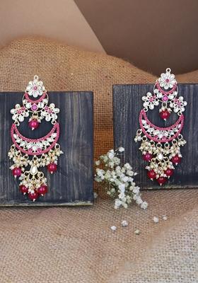 Pink Gold Plated Traditional Handcrafted Pearl Kundan Beaded Chandbali Earrings