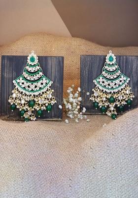 Green Gold Plated Traditional Handcrafted Pearl Kundan Beaded Chandbali Earrings