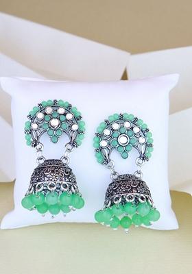 Ethnic Silver Oxidised Traditional Mint Kundan And Stone Jhumka Earrings