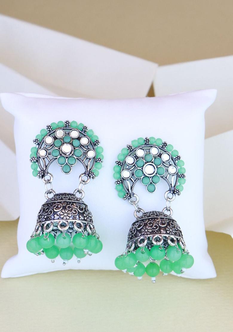 Ethnic Silver Oxidised Traditional Mint Kundan And Stone Jhumka Earrings