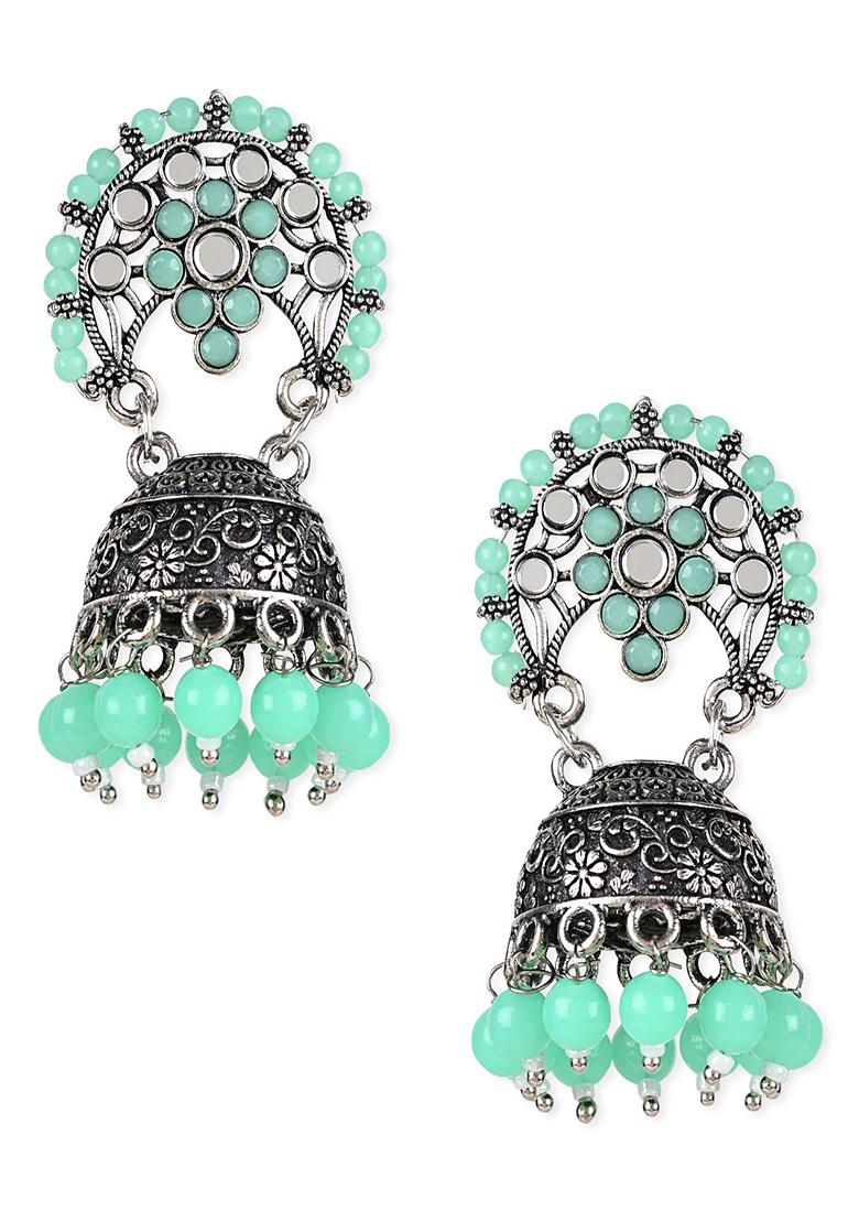 Ethnic Silver Oxidised Traditional Mint Kundan And Stone Jhumka Earrings