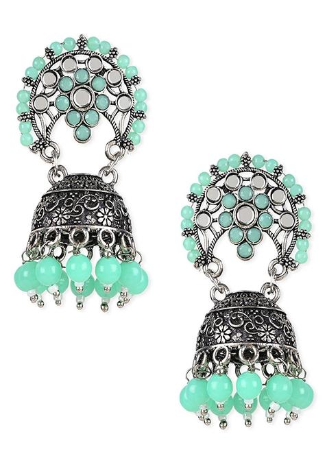 Ethnic Silver Oxidised Traditional Mint Kundan And Stone Jhumka Earrings