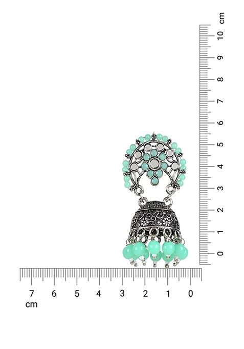 Ethnic Silver Oxidised Traditional Mint Kundan And Stone Jhumka Earrings