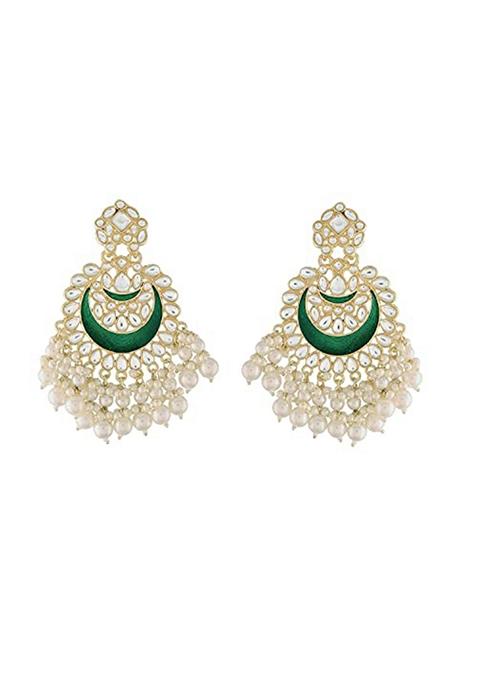 Gold Plated Intricately Designed Traditional Meenakari Chandbali Earrings Gilded With Kundan And Pearl