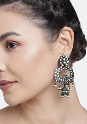 Ethnic Silver Oxidised Traditional Kundan And Stone Jhumka Earrings