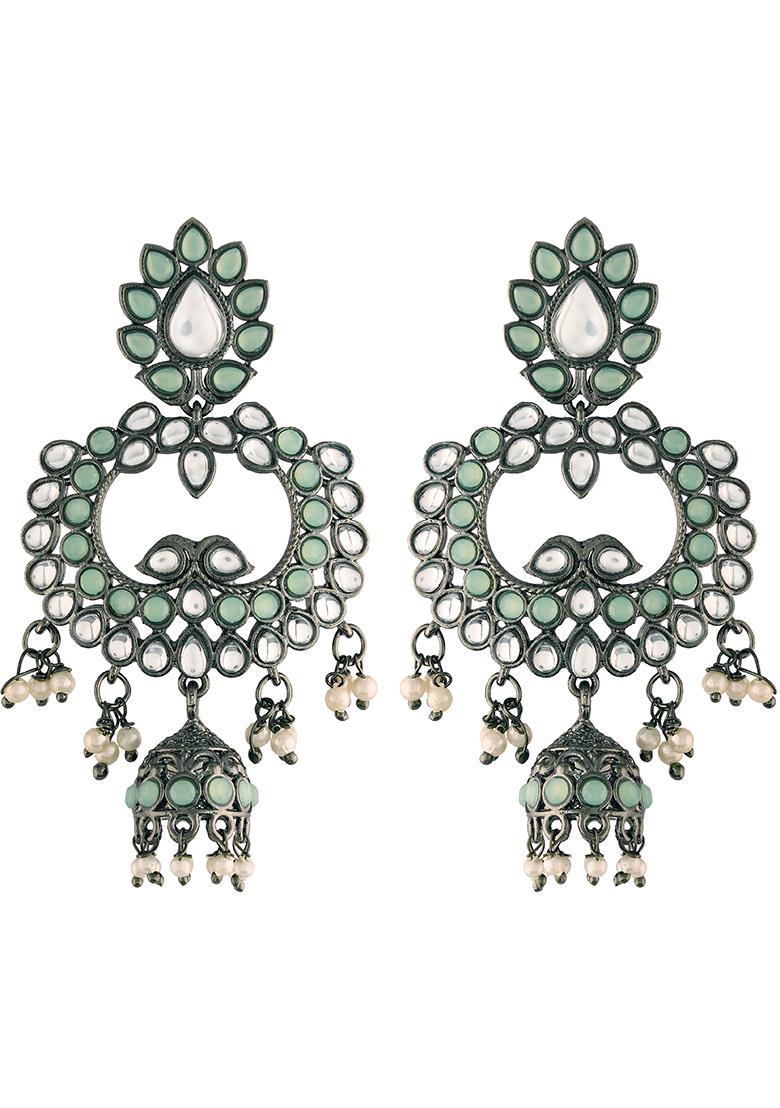 Ethnic Silver Oxidised Traditional Kundan And Stone Jhumka Earrings