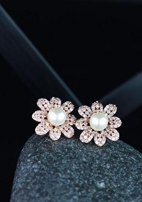 Rose Gold Plated And White Floral Studs Earrings