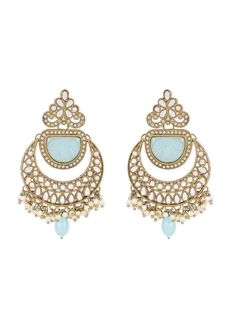 Gold Plated Traditional Pearl Kundan Stone Studded Chandbali Earrings - Indya
