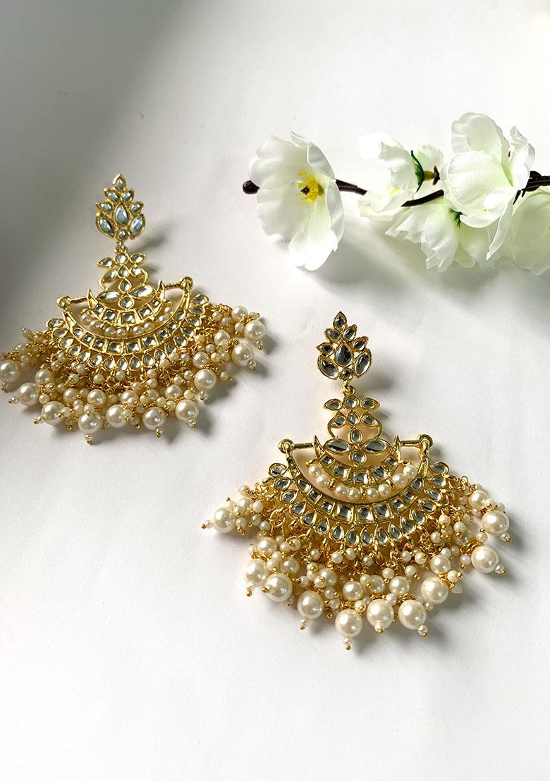 Traditional Gold Plated White Kundan Pearl Drop Chandbali Earrings