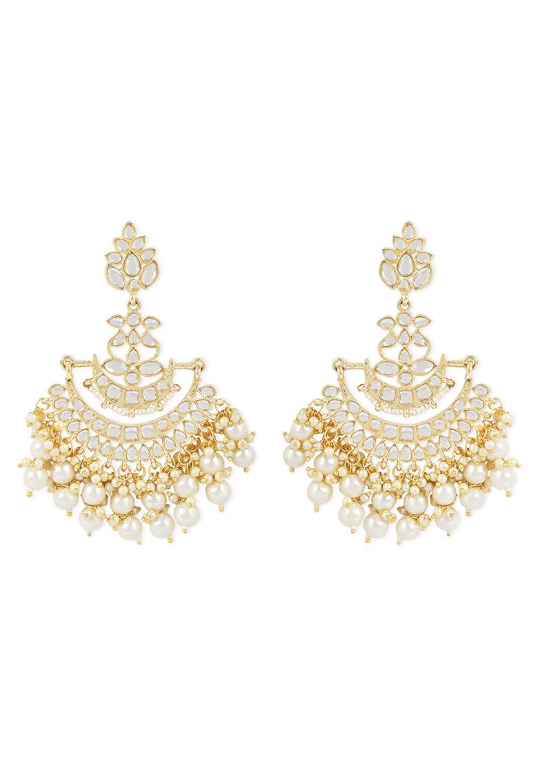 Traditional Gold Plated White Kundan Pearl Drop Chandbali Earrings