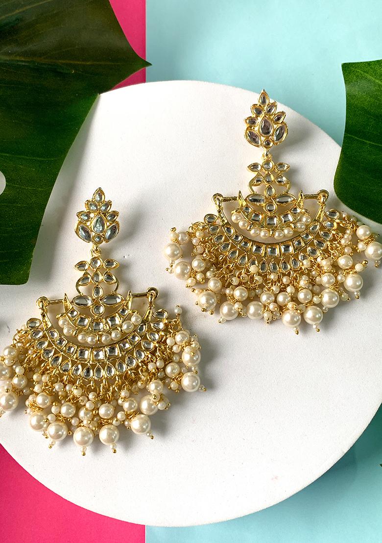 Traditional Gold Plated White Kundan Pearl Drop Chandbali Earrings