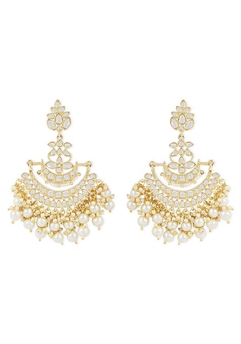 Traditional Gold Plated White Kundan Pearl Drop Chandbali Earrings