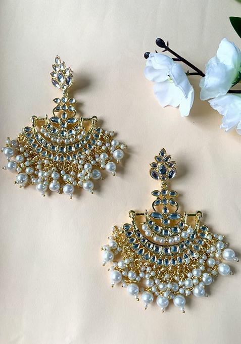 Traditional Gold Plated White Kundan Pearl Drop Chandbali Earrings