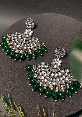 Ethnic Stylish Silver Oxidised Kundan Pearl Chandbali Earrings