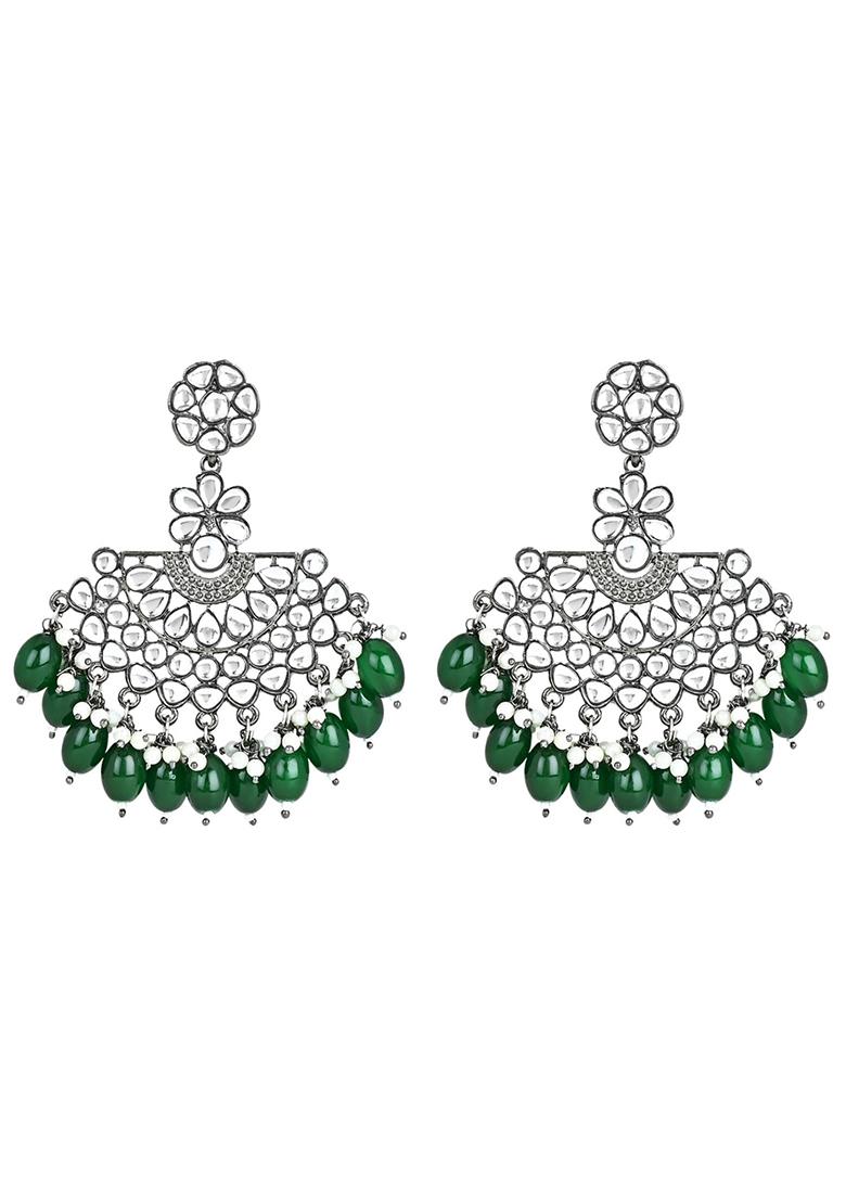 Ethnic Stylish Silver Oxidised Kundan Pearl Chandbali Earrings
