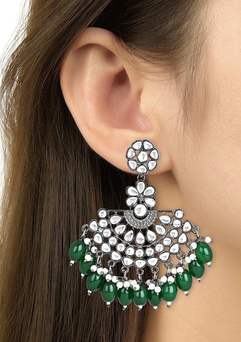 Ethnic Stylish Silver Oxidised Kundan Pearl Chandbali Earrings