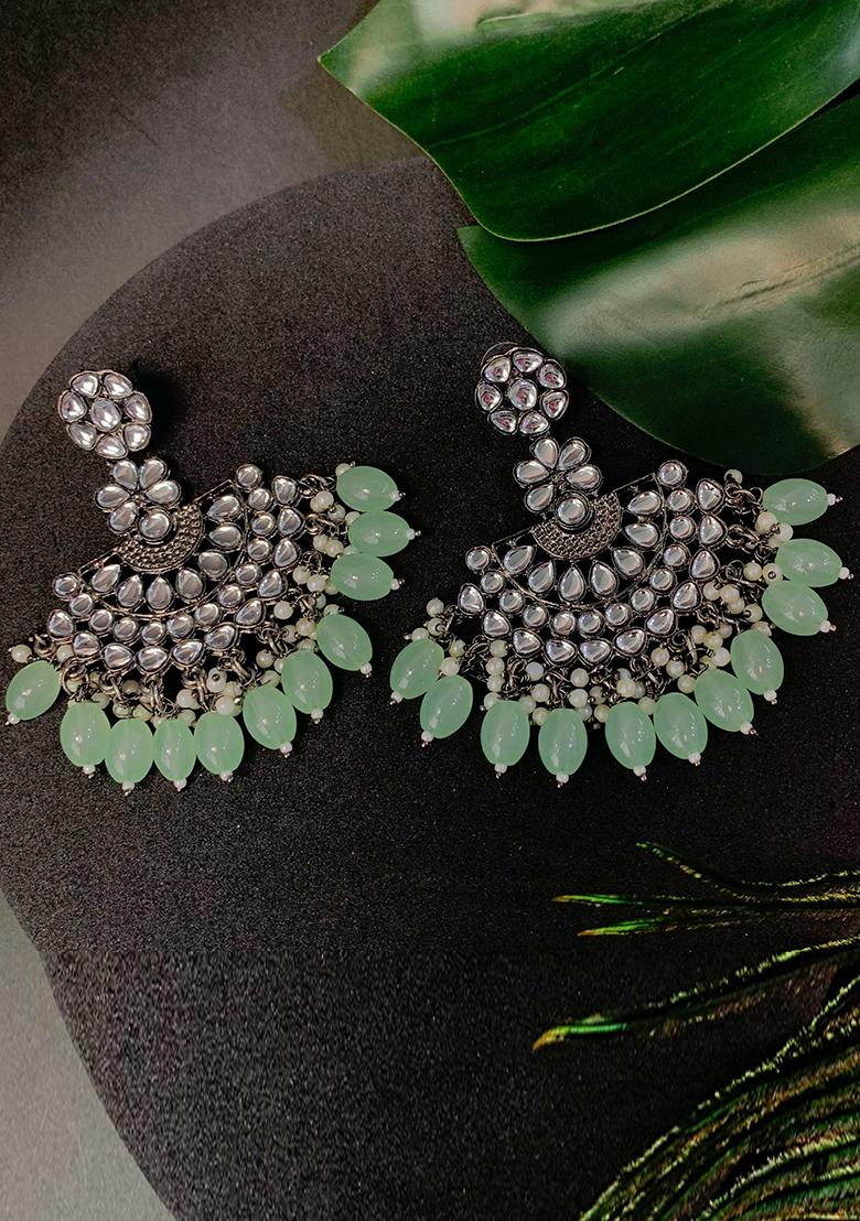 Ethnic Stylish Silver Oxidised Kundan Pearl Chandbali Earrings