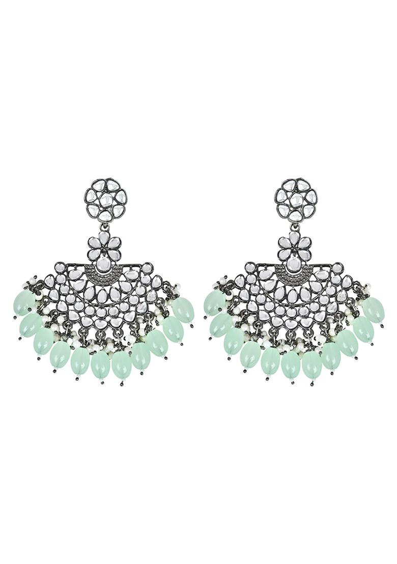 Ethnic Stylish Silver Oxidised Kundan Pearl Chandbali Earrings