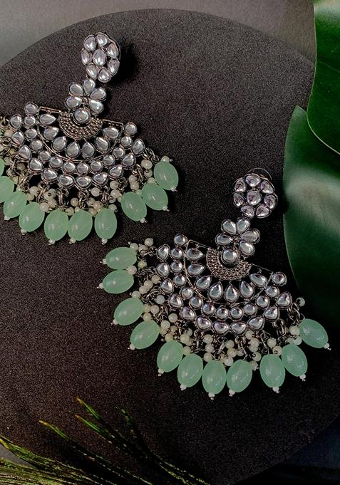 Ethnic Stylish Silver Oxidised Kundan Pearl Chandbali Earrings