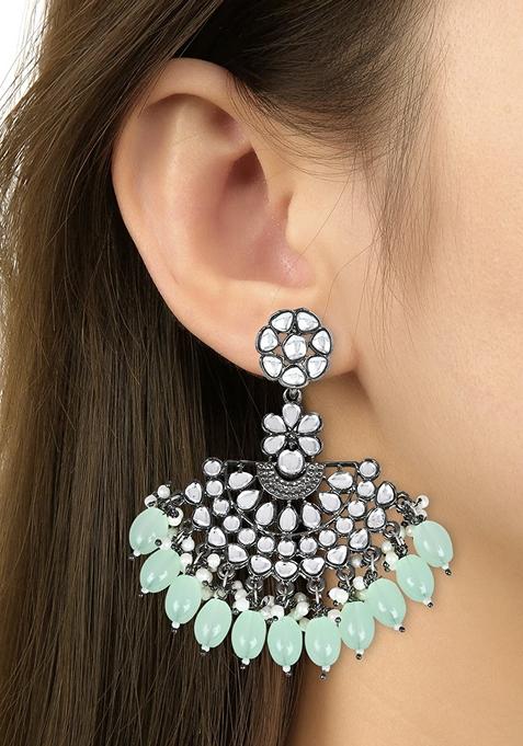 Ethnic Stylish Silver Oxidised Kundan Pearl Chandbali Earrings