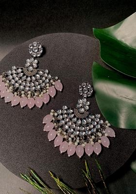 Ethnic Stylish Silver Oxidised Kundan Pearl Chandbali Earrings
