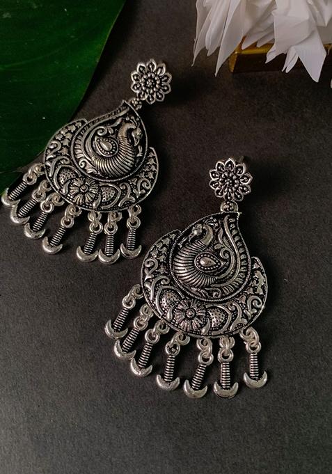 Navratri Ethnic Silver Oxidised Afghani Floral And Peacock Design Drop Earrings