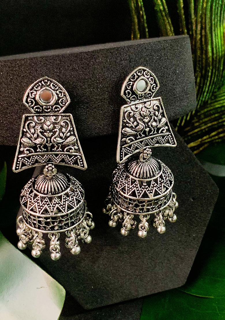 Navratri Ethnic Silver Oxidised Afghani Style Jhumka Earrings