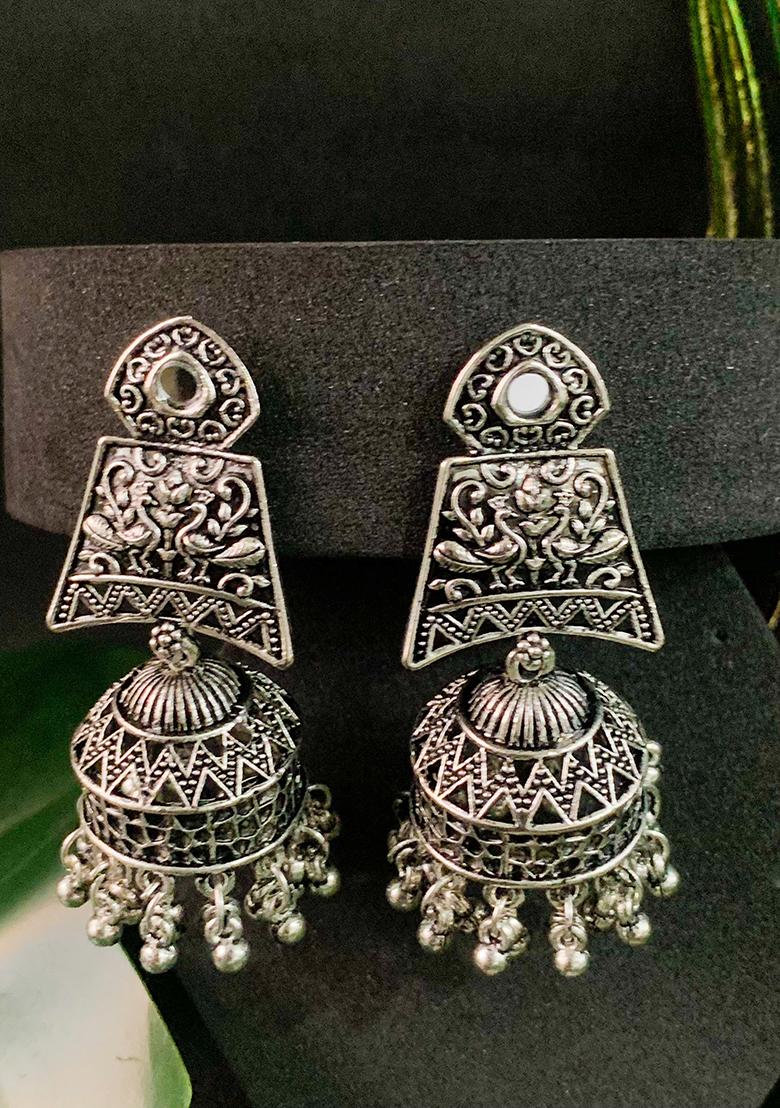 Navratri Ethnic Silver Oxidised Afghani Style Jhumka Earrings