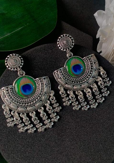 Navratri Ethnic Silver Oxidised Afghani Style Peacock Feather Earrings
