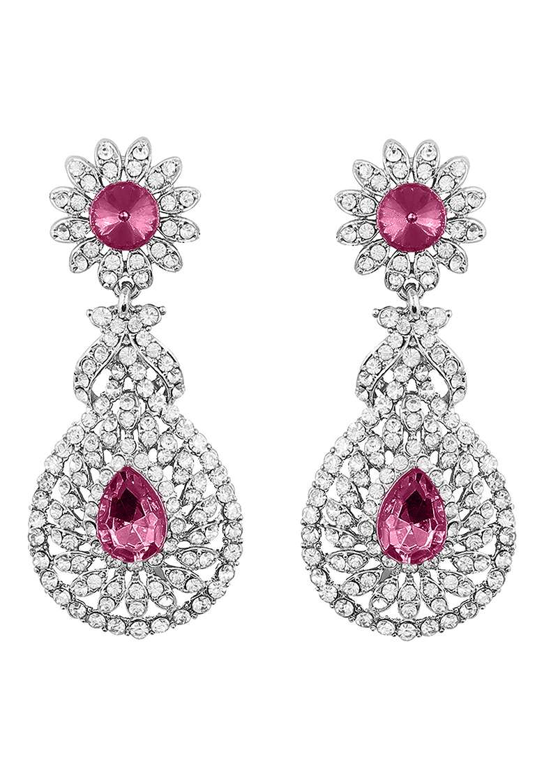 Rhodium Plated American Diamond Sparkling Dangle Earrings - Indya