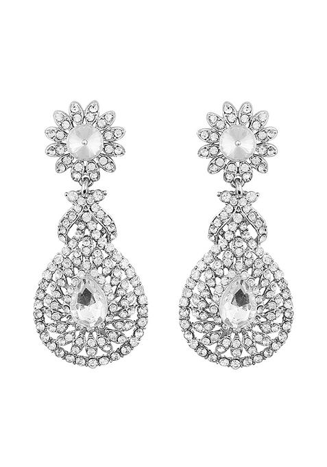 Rhodium Plated American Diamond Sparkling Dangle Earrings