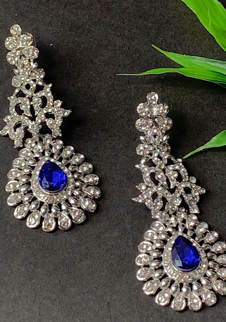 Rhodium Plated American Diamond Sparkling Dangle Earrings - Indya