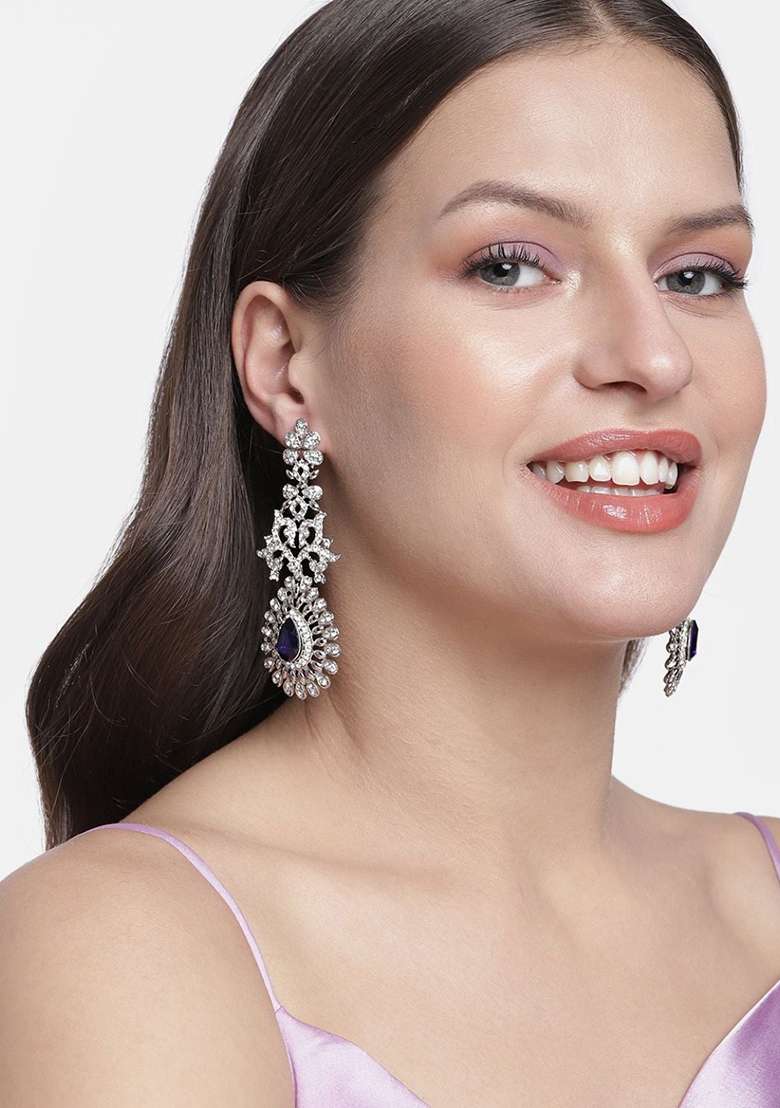 Rhodium Plated American Diamond Sparkling Dangle Earrings - Indya