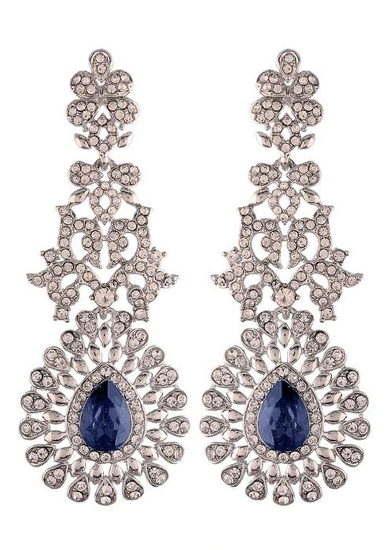Rhodium Plated American Diamond Sparkling Dangle Earrings - Indya