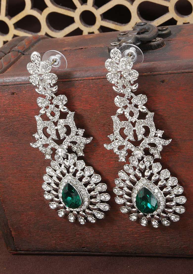 Rhodium Plated American Diamond Sparkling Dangle Earrings - Indya
