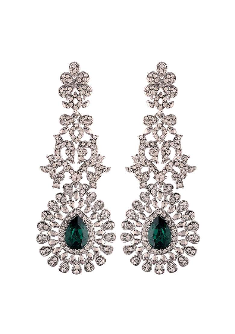 Rhodium Plated American Diamond Sparkling Dangle Earrings - Indya