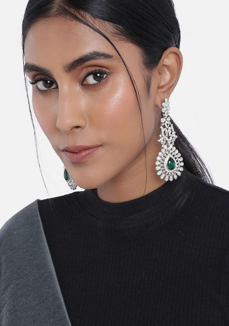 Rhodium Plated American Diamond Sparkling Dangle Earrings - Indya