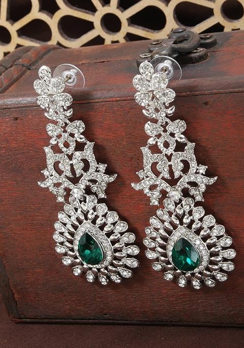 Rhodium Plated American Diamond Sparkling Dangle Earrings